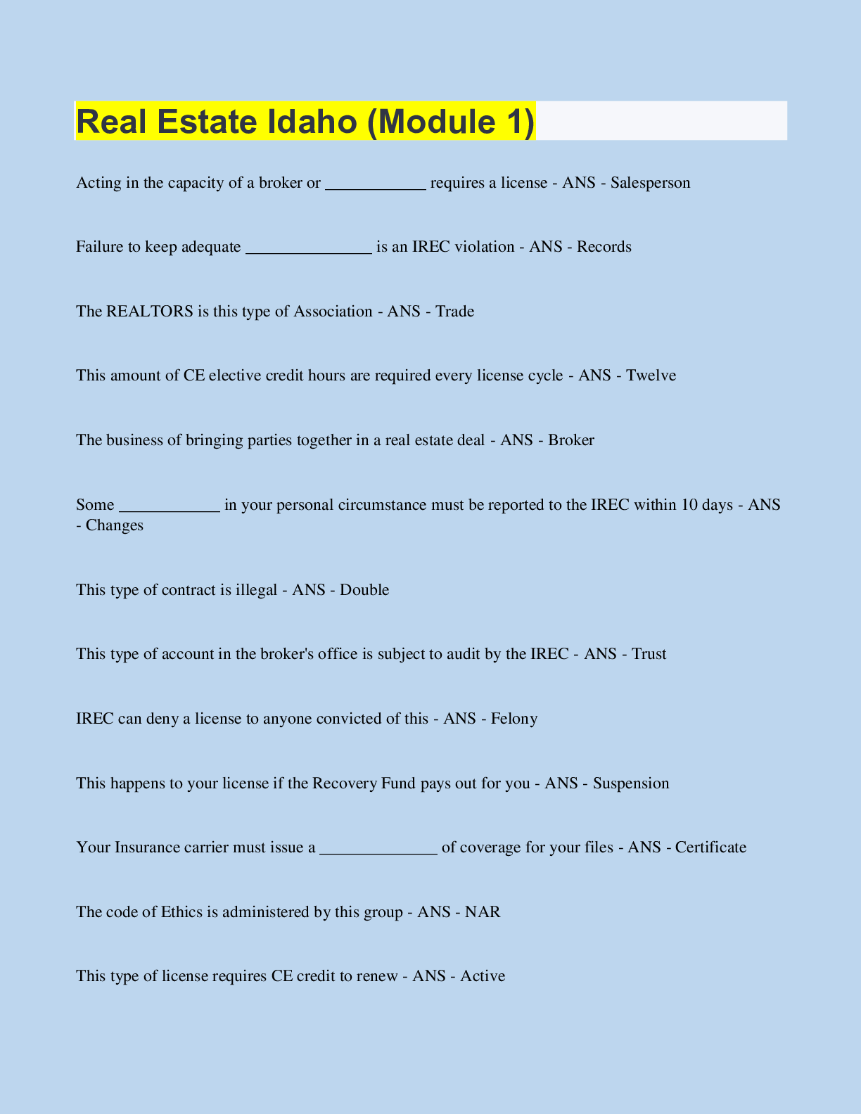 Florida real estate state exam questions and answers 100 pass